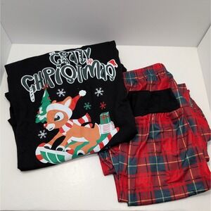 Mens Rudolph Pajama Set 2 piece Large "Crazy Christmas" Red plaid & Black shirt
